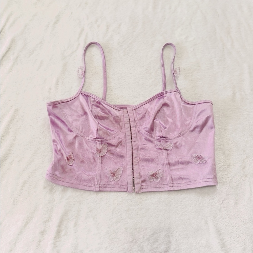 SHEIN Lilac Satin Butterfly Corset Crop Top
